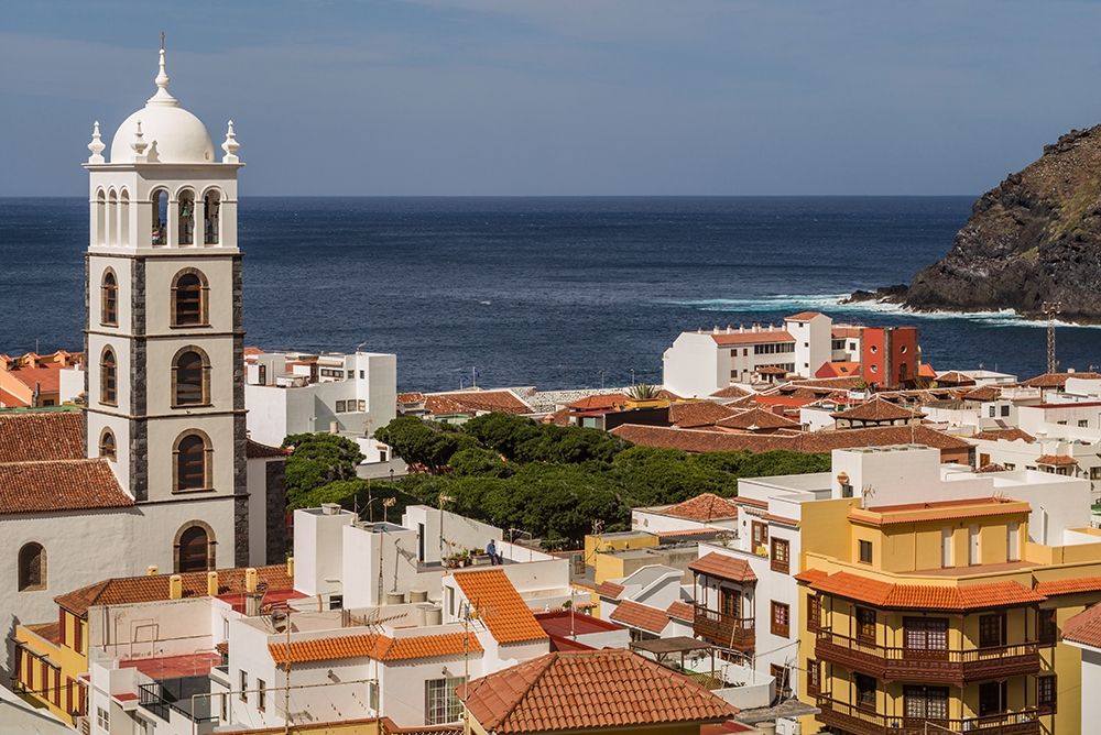 Canary Islands-Tenerife Island-Garachico-elevated town view with the Iglesia de Santa Ana church